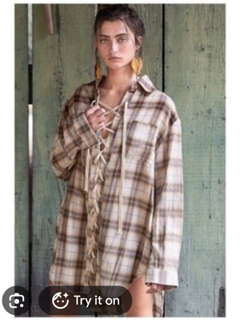 POL Clothing Plaid Lace-up Oversized Plaid Shirt